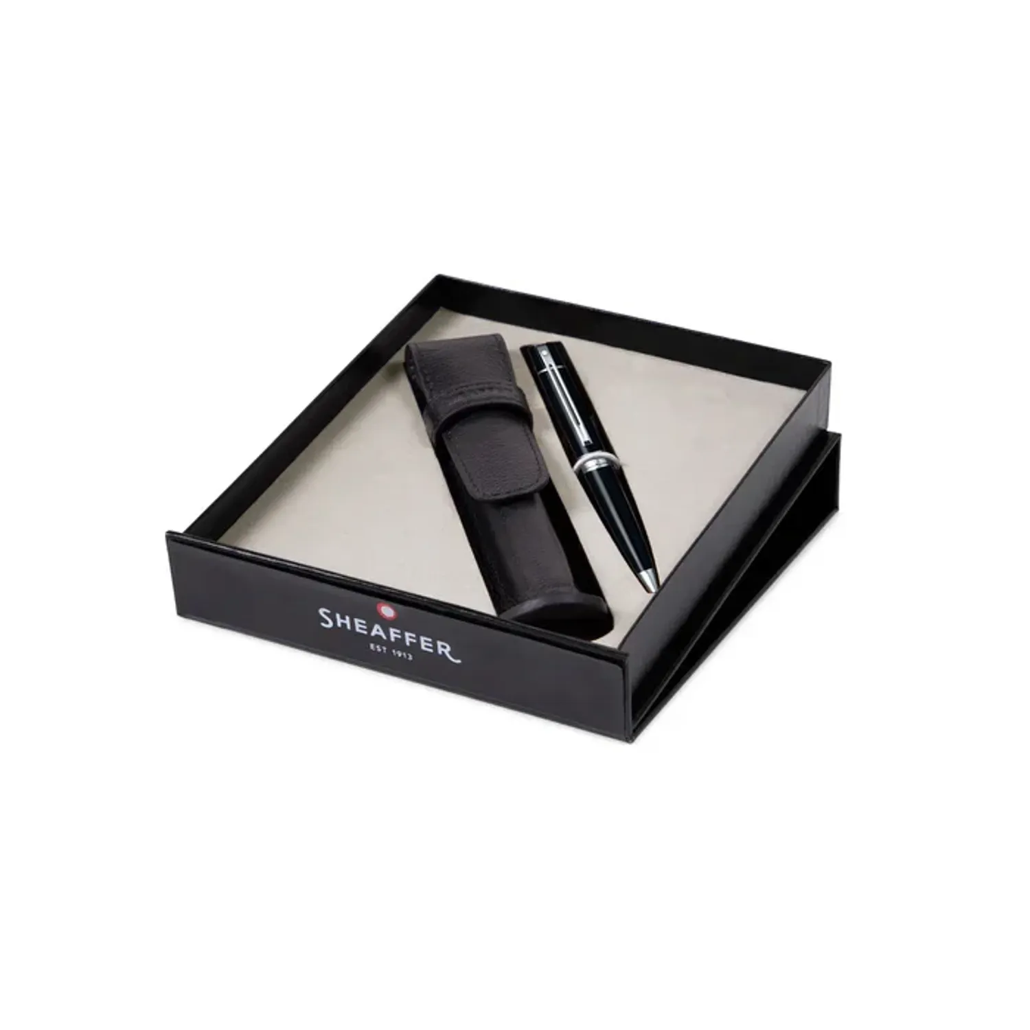 PEN SHEAFFER 300  BRIGHT CHROME WITH GOLD TONE TRIMS BP WITH GOLD SINGLE LEATHER POUCH