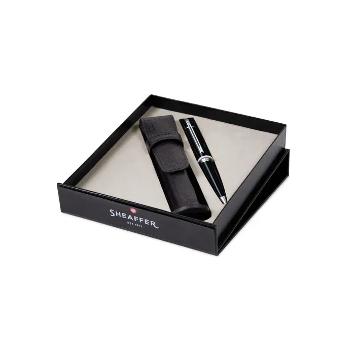 PEN SHEAFFER 300  BRIGHT CHROME WITH GOLD TONE TRIMS BP WITH GOLD SINGLE LEATHER POUCH
