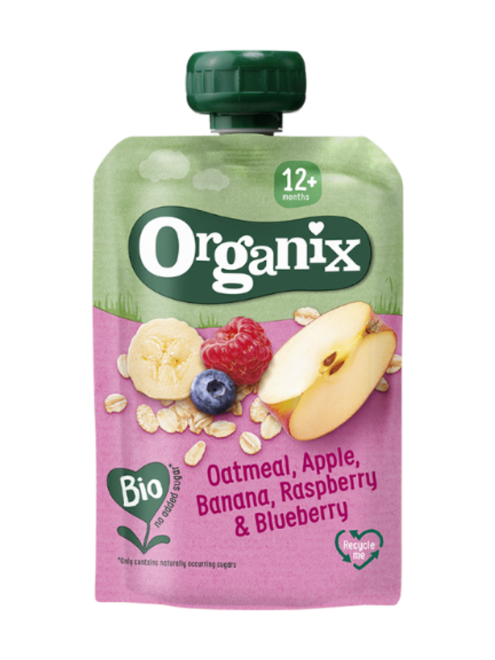 Oatmeal, apple, banana, raspberry & blueberry / Овьёос, алим, гадил, бөөрөлзгөнө, нэрстэй нухаш 100 гр