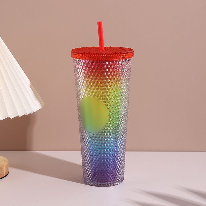 710ml/24.0fl.oz. Rainbow Rhinestone Plastic Cup with Straw (Red) GL017