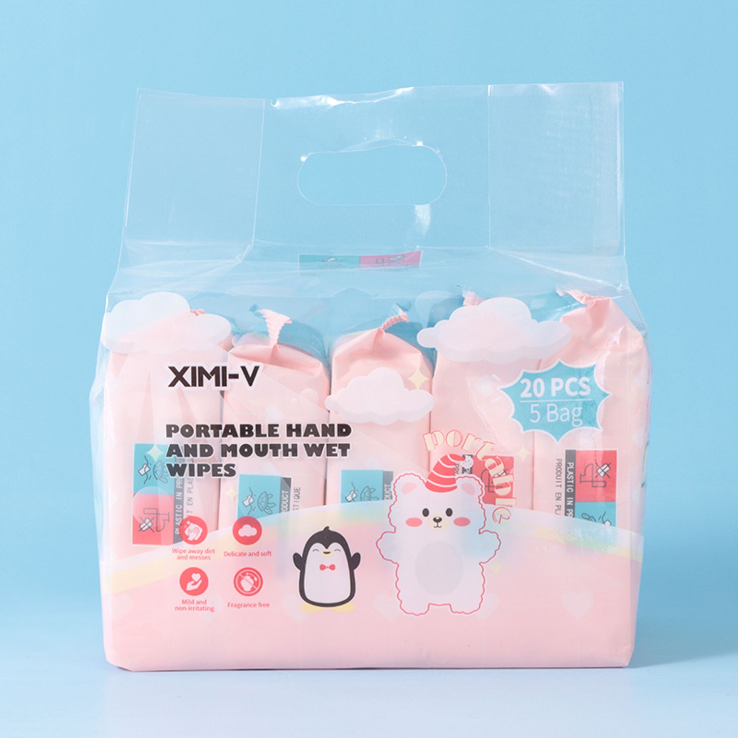 Pink Portable Hand and Mouth Wet Wipes (20 PCS*5 Bag)