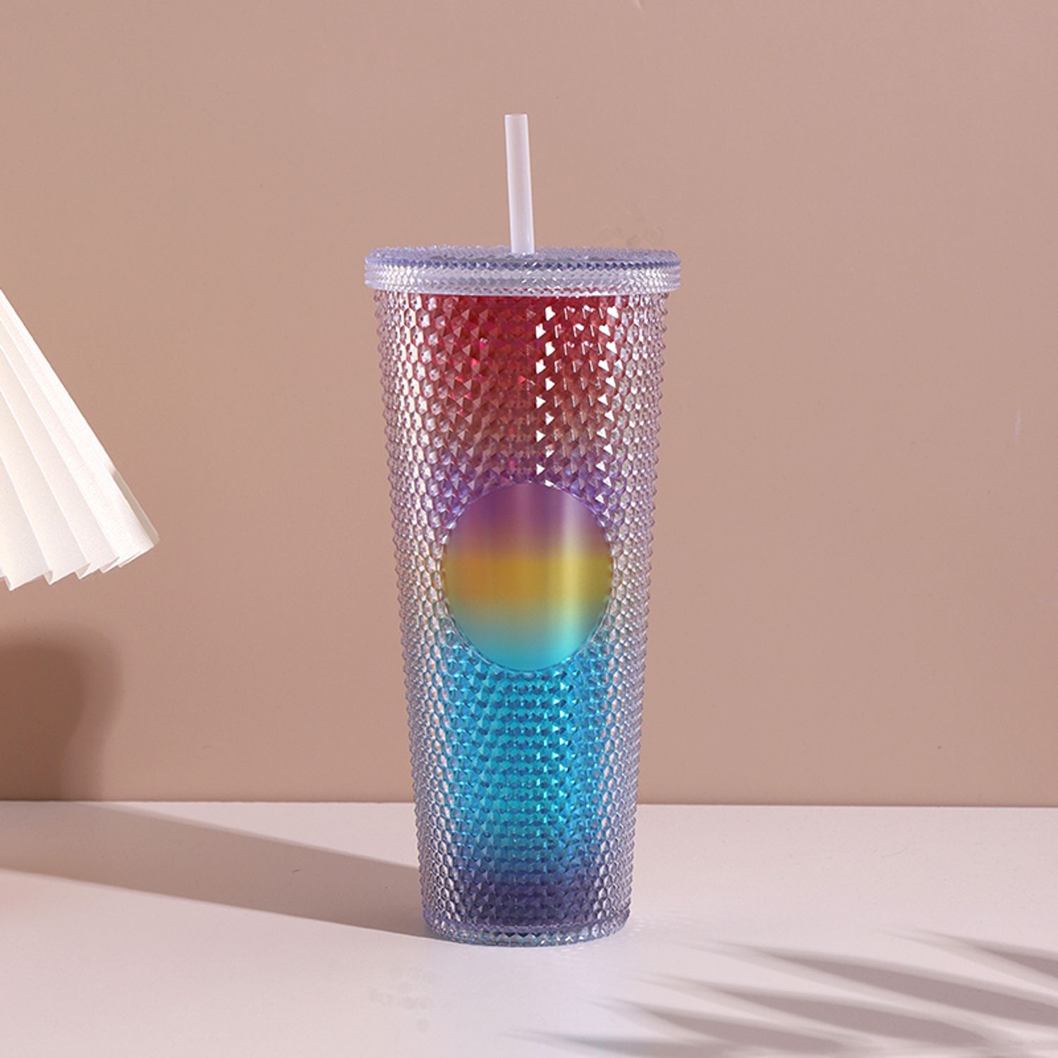 710ml/24.0fl.oz. Rainbow Rhinestone Plastic Cup with Straw (White) GL017