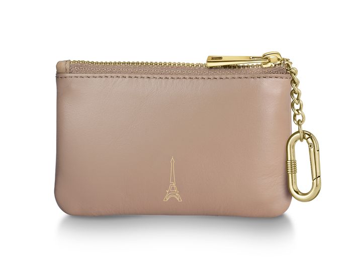 KEY FOB SHEAFFER EIP LEATHER WITH ZIPPER AND BOW EMBLEM IN CHAMPAGNE GOLD FINISH TAUPE