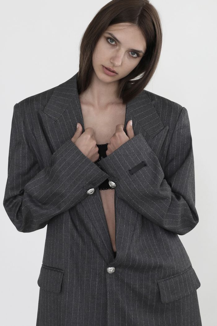 Twill Suit Stripe Blazer Large Fit - Charcoal