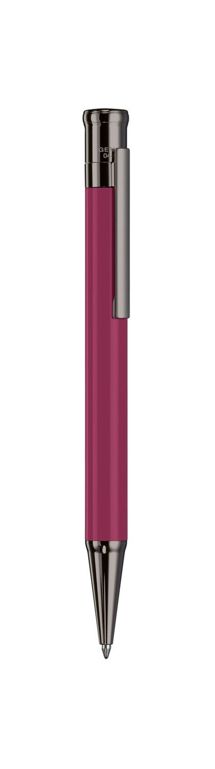 Design 04 Ballpoint Pen barrel carmine rose shiny lacquered, cap and fittings ruthenium plated