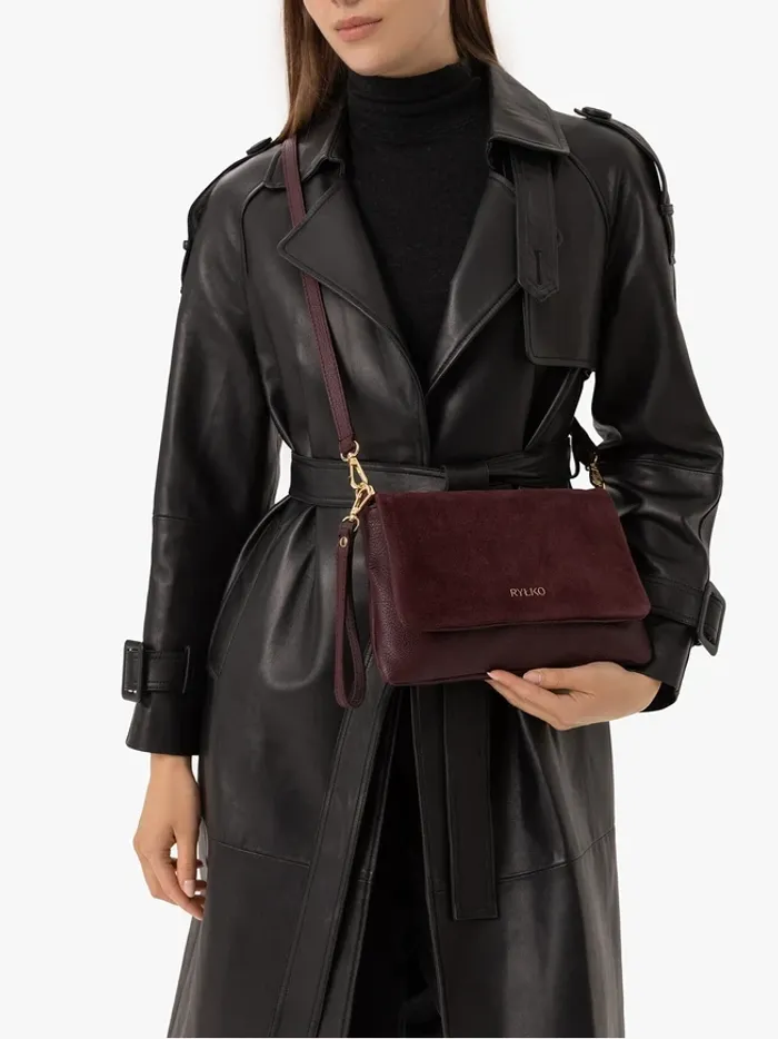 A small burgundy handbag