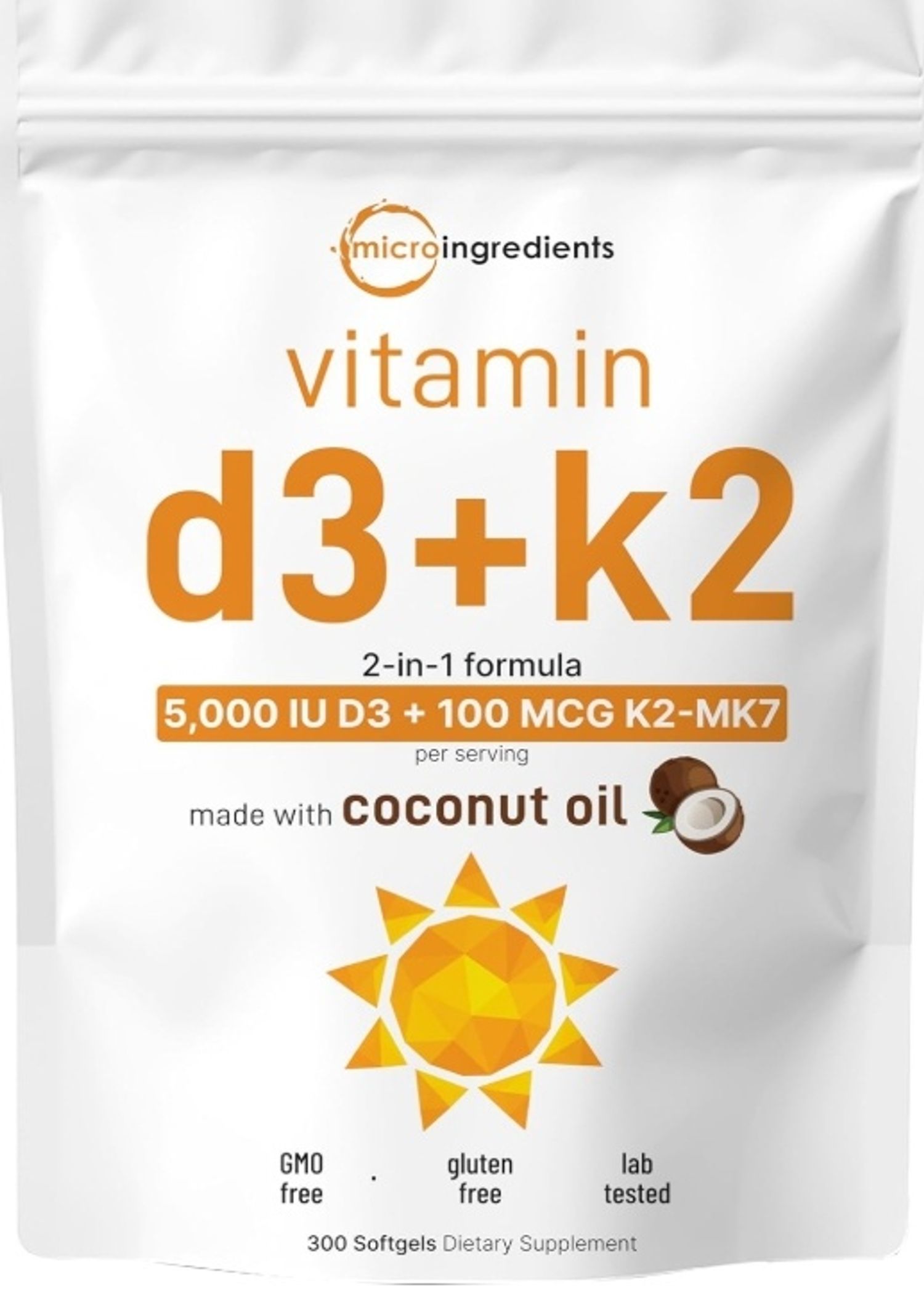 Vitamin D3 + K2 (MK-7) – 5,000 IU / 100 mcg / coconut oil/