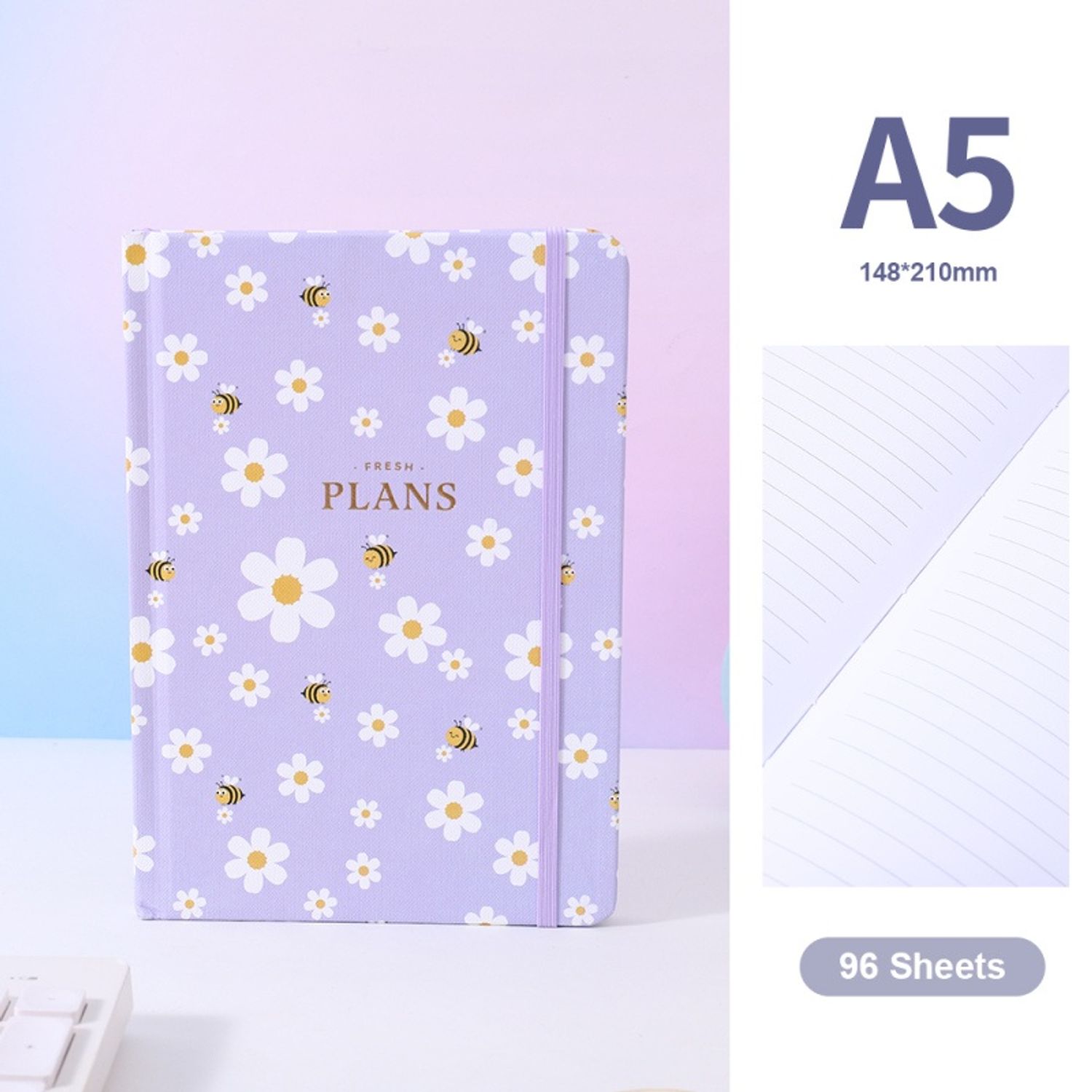 Small Daisy Hardshell Hardcover Lined Notebook A5 96 Sheets (Purple)