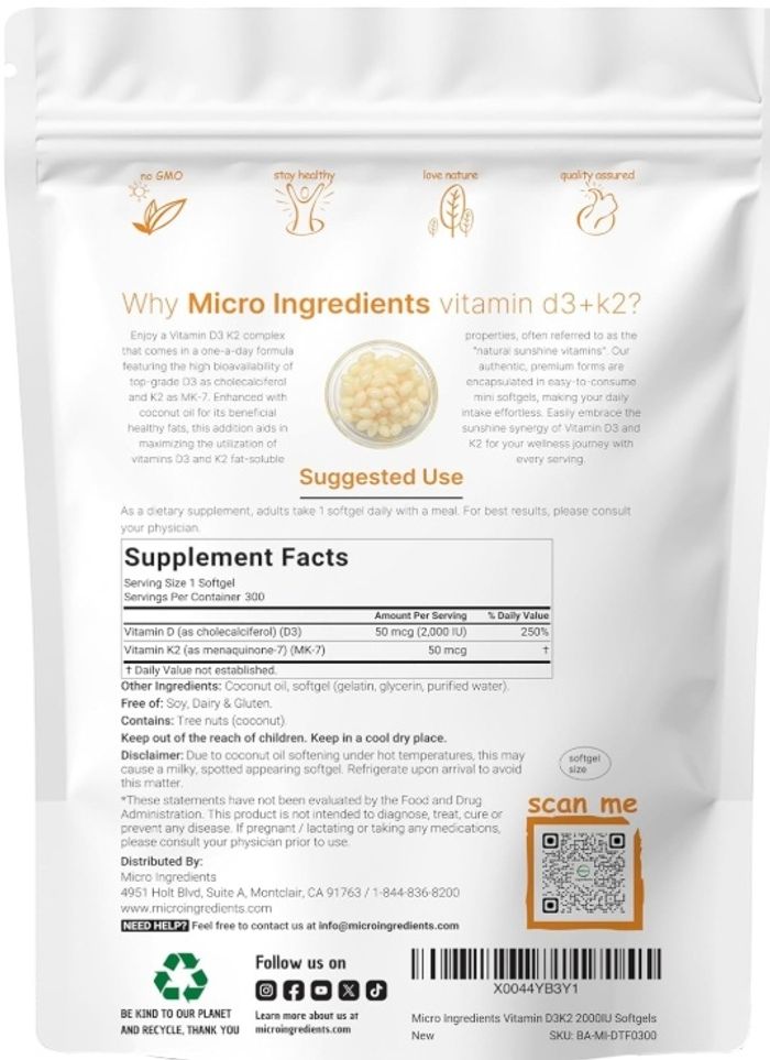 Vitamin D3 + K2 (MK-7) – 2,000 IU / 50 mcg
