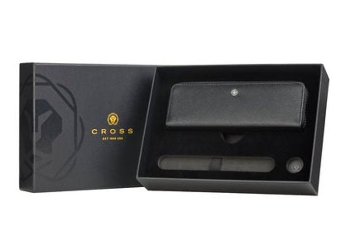 Classic Black Leather Zippered Double Pen Case Gift Bundle