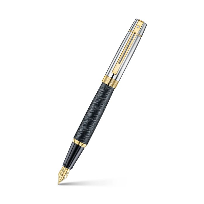 PEN SHEAFFER 300 E9347 ENGRAVED MATT BLACK BARREL AND SHINY CHROME CAP, PVD GOLD TRIMS MEDIUM FP 
