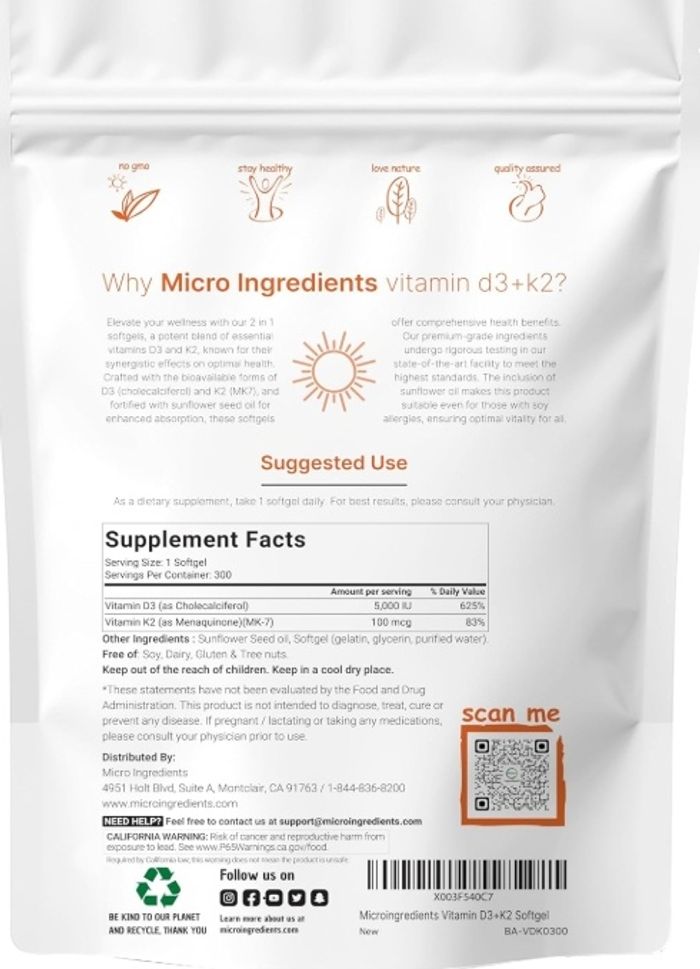 Vitamin D3 + K2 (5,000 IU D3 + 100 mcg K2)/ Sunflower oil/