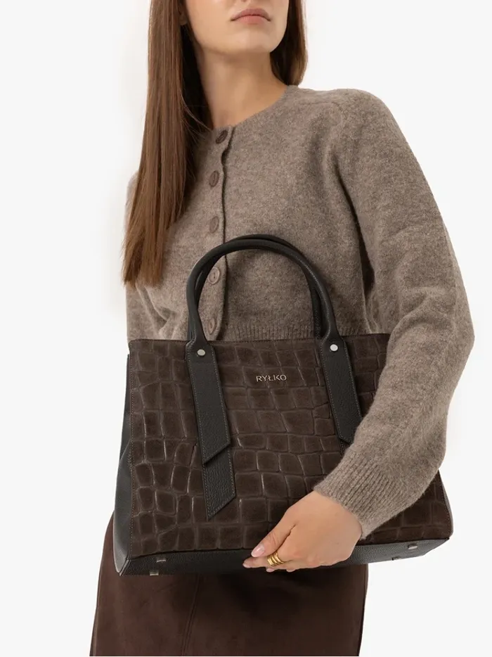 Dark brown large handbag crocodile leather pattern 