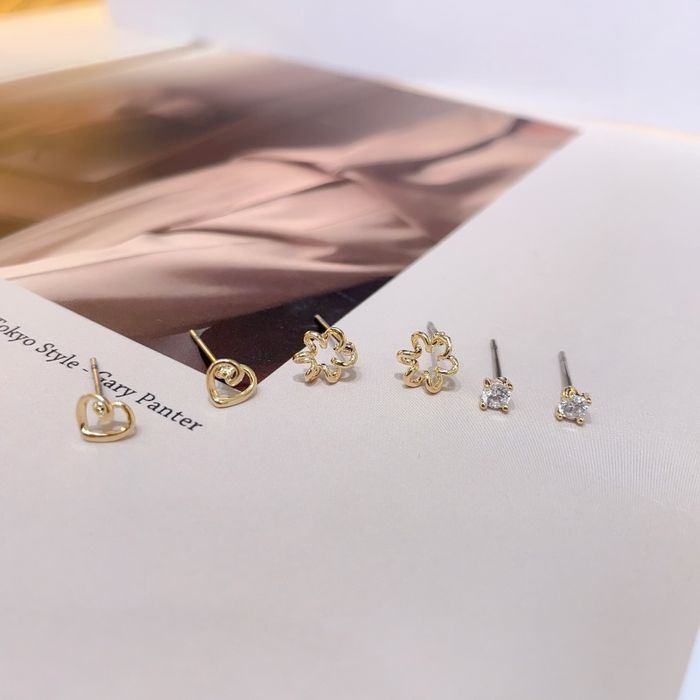 Heart and Flowers Stud Earrings 3Pairs