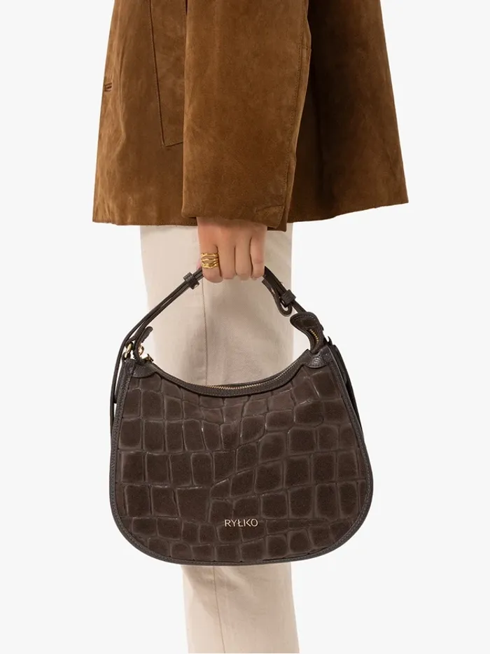 Brown handbag with a crocodile-skin pattern