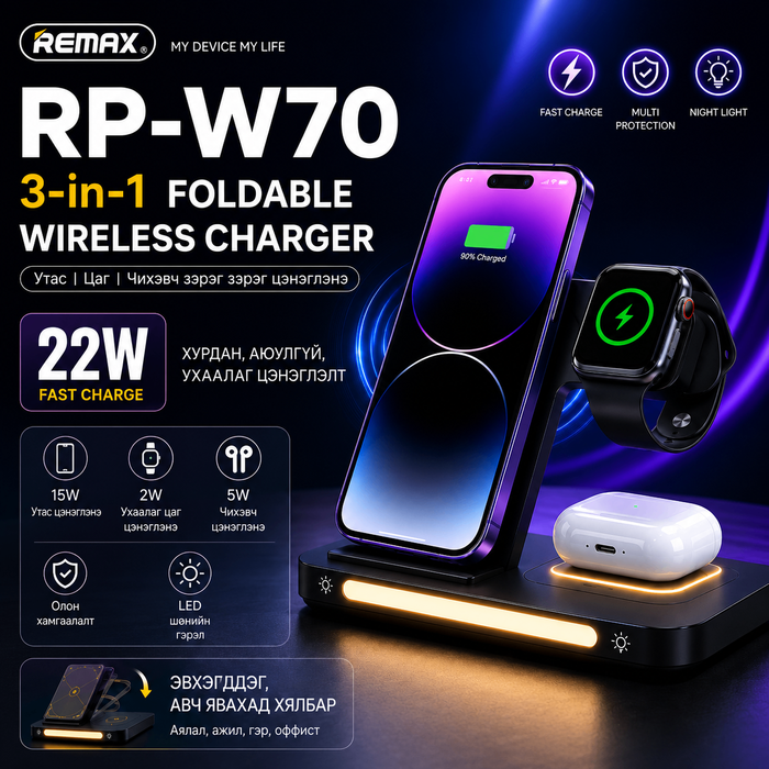 REMAX RP-W70 22W 3-in-1 Утасгүй Цэнэглэгч