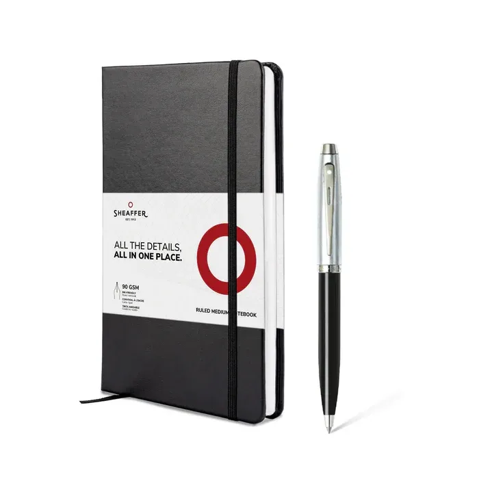 PEN SHEAFFER 100 GLOSSY BLACK BARRELBRUSHED CHROME CAPCHROME PLATED TRIMS BP WITH A5 NOTEBOOK IN BLACK GIFT